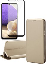 Hoesje geschikt voor Samsung Galaxy A32 5G - Screen Protector FullGuard - Book Case Leer ThinShield Goud & Screenprotector