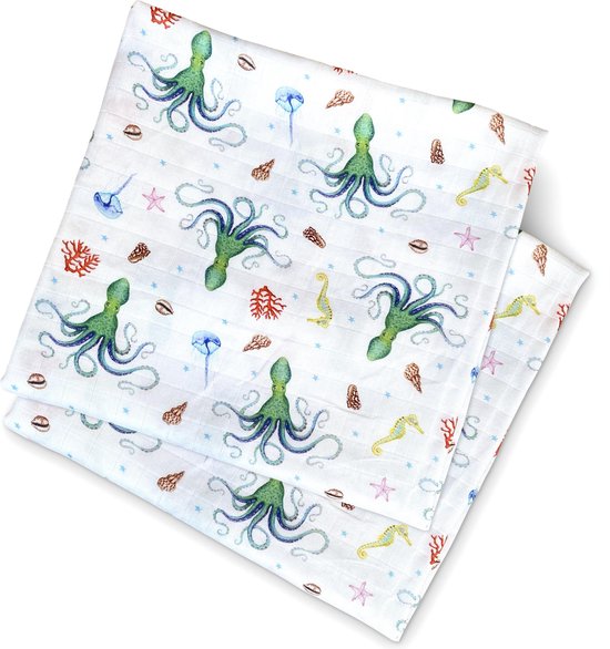 Hydrofiele doeken met octopus print - 2 stuks - Super zacht bamboe - 60x60cm - Baby kraamcadeau - zeedieren patroon - Eigen ontwerp geschilderd door Mies