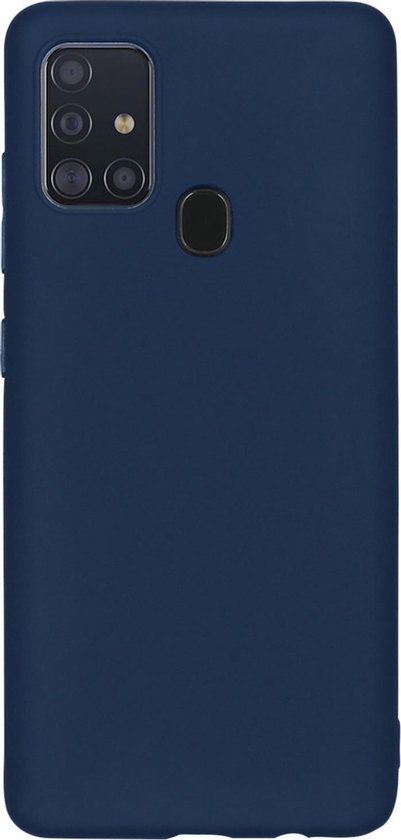 Donkerblauwe siliconen telefoonhoes met camerablok en vingerafdruksensor.