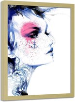 Foto in frame , Vrouw met anker op gezicht ,70x100cm , Zwart wit roze, wanddecoratie