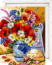 Gekleurde bloemen in blauwe vaas - Schilderen op nummer - Met frame - 40x50 cm