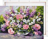 Paars en roze bloemen in vaas - Schilderen op nummer - Met frame - 40x50 cm