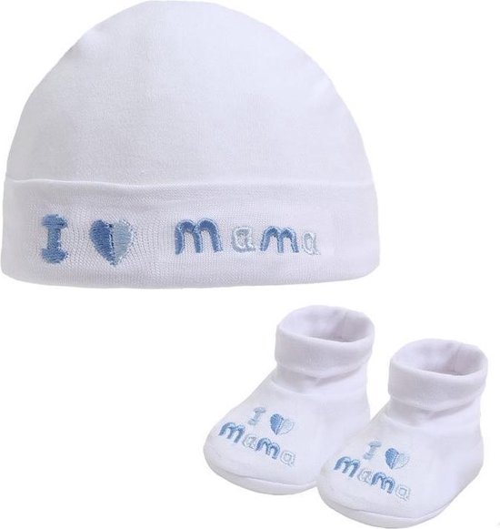 Bonnet et chaussons bleus tricotés à la main pour bébés - 0-3 mois