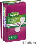 Doos met 14 Depend Comfort-Protect Normal Pads voor gevoelige blaas, met 4-in-1 technologie.