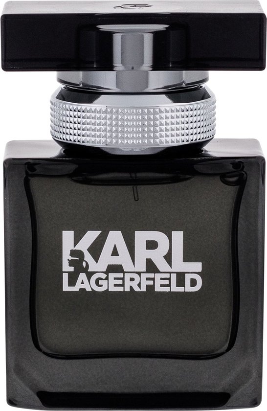 Zwarte glazen parfumfles van Karl Lagerfeld met een metalen kraag en zwarte dop.