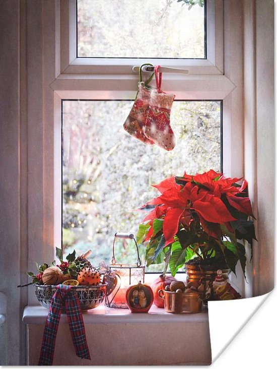 Centrum schotel spiritueel Poster Kerstster in de vensterbank - 120x160 cm XXL - Kerstmis Decoratie  -... | bol.com