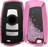 kwmobile autosleutelhoesje voor BMW 3-knops draadloze autosleutel (alleen Keyless Go) - sleutelcover van TPU in roze / metallic roze - Sneeuwbol met Sterren design