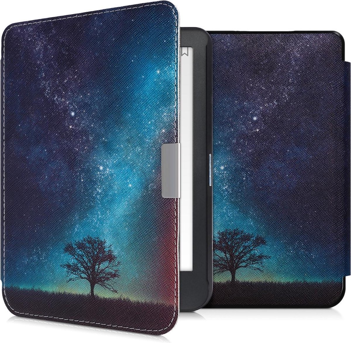 kwmobile e-reader hoesje geschikt voor Kobo Clara HD hoes - E reader flip case met magnetische sluiting - Ereader cover - Sterrenstelsel en Boom design in blauw / grijs / zwart