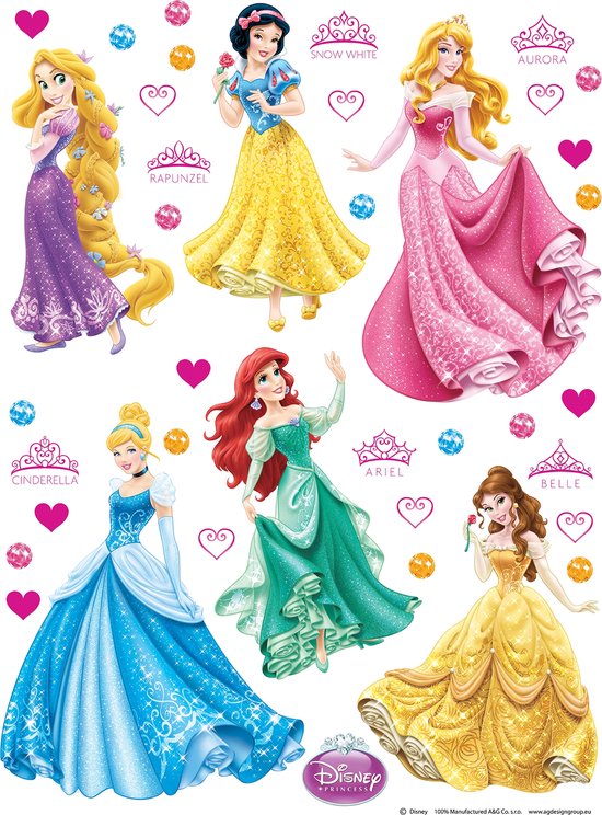 Disney muursticker prinsessen blauw, geel, roze en paars - 600102 - 65 x 85 cm
