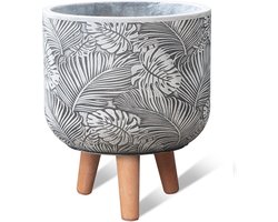 MA'AM Pottery Quinn bloempot op voet/poten/standaard - wit - exotisch bloem design - houten pootjes - trendy plantenpotten - diameter 24cm - binnen/buiten