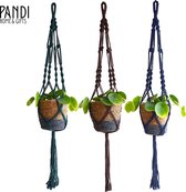 Pandi Macramé Stevige Plantenhangers - Mix van 3 hangers met donkere kleuren - Blauw - Groen - Bruin