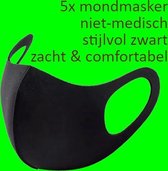 5x Mondmasker, niet-medisch, zwart, wasbaar, zacht polyurethaan