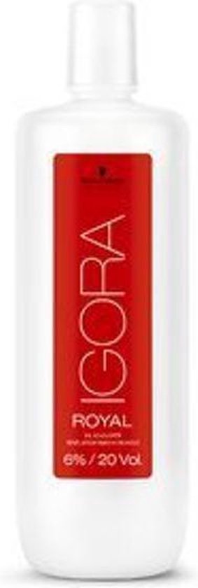 Witte fles met rood label met 'IGORA ROYAL OIL DEVELOPER 6% / 20 Vol.'