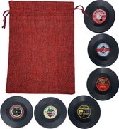 Retro Rockabilly LP Vinyl Onderzetters - 6 stuks - Met Bordeaux Rood Opbergzakje - oDaani