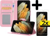 Samsung S21 Ultra Hoesje Book Case Met 2x Screenprotector - Samsung Galaxy S21 Ultra Case Wallet Hoesje Met 2x Screenprotector - Licht Roze