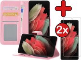 Hoesje Geschikt voor Samsung S21 Ultra Hoesje Book Case Hoes Portemonnee Cover Walletcase Met 2x Screenprotector - Hoes Geschikt voor Samsung Galaxy S21 Ultra Hoes Bookcase Hoesje - Lichtroze