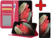 Samsung S21 Ultra Hoesje Book Case Met Screenprotector - Samsung Galaxy S21 Ultra Hoesje Wallet Case Portemonnee Hoes Cover - Donker Roze