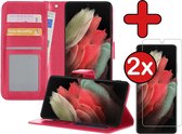 Hoesje Geschikt voor Samsung S21 Ultra Hoesje Book Case Hoes Portemonnee Cover Walletcase Met 2x Screenprotector - Hoes Geschikt voor Samsung Galaxy S21 Ultra Hoes Bookcase Hoesje - Donkerroze