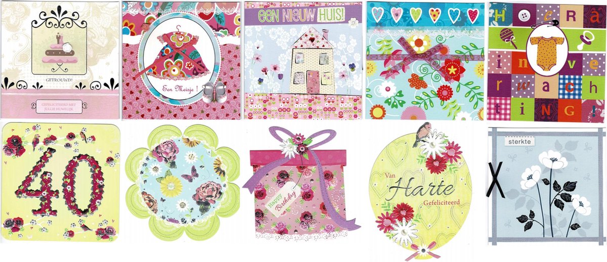 10 Luxe vierkante wenskaarten - 15 x 15 cm - Felicitatie/assorti - Gevouwen kaarten met envelop -