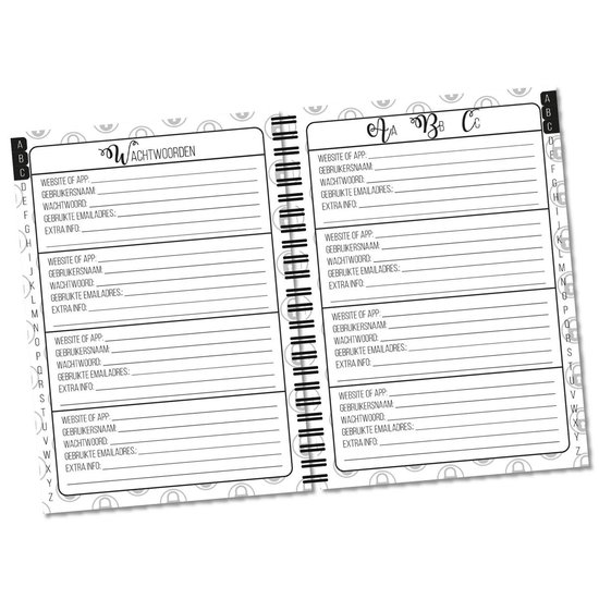 Binnenkant notitieboek met kolommen per letter voor website, gebruikersnaam, wachtwoord en extra info. Links de letters A-Z, rechts de letters A-Z.