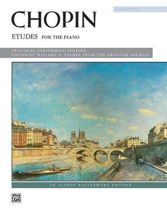 Muziekboek 'Chopin Etudes For The Piano', praktische uitgave, bewerkt door Willard A. Palmer. Met een schilderij van de Seine in Parijs.
