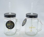 Drinkpot met schroefdop en rietje, Glas "happy Birthday", set van 2, 14 x10 cm