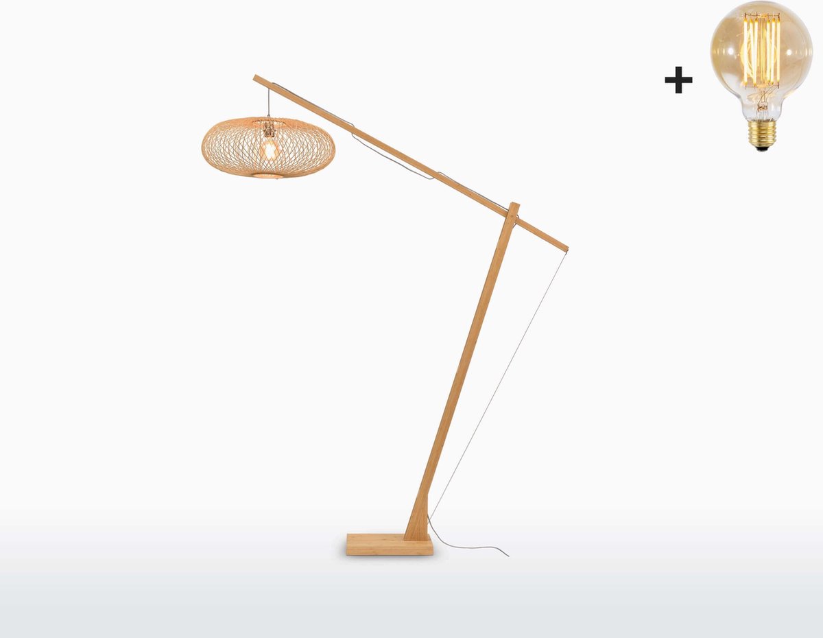 Vloerlamp - CANGO - Bamboe Voetstuk (h. 220cm) - Zwarte Kap (60x25cm) - Met LED-lamp