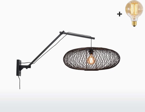 Wandlamp met Lange Arm - CANGO - Zwart Bamboe - Zwarte Kap (60x25cm) - Met LED-lamp
