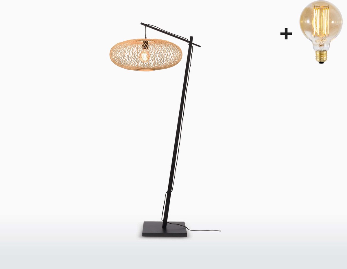 Vloerlamp - CANGO - Bamboe - Zwart Voetstuk - Naturel Kap - Met LED-lamp