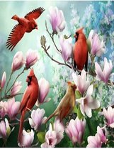 Denza - Diamond painting blauwe vogel op tak met roos 40 x 50 cm volledige bedrukking ronde steentjes direct leverbaar - bloem - roos - vogel - mus - bij - wesp - insect - natuur -