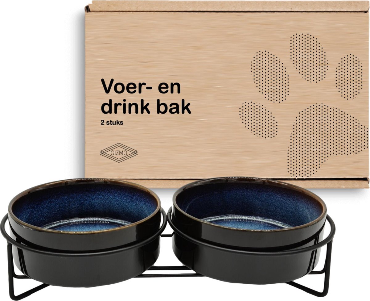 GIZMO Voerbak Kat Dubbel - Zwart/Blauw - 2 Keramische Drink- & Voerbakken met Standaard - Drinkbak -