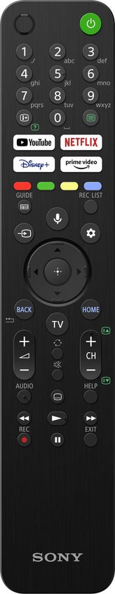 Een zwarte Sony afstandsbediening met knoppen voor onder andere YouTube, Netflix en Disney+.