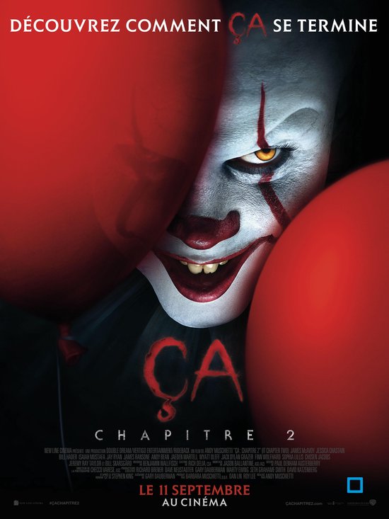 Poster van "Ça Chapitre 2" met Pennywise, rode ballonnen en tekst.