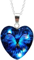 Verzilverde Bedel Vlinder | Bedel Hanger | Ketting Donker Blauw| Hart Sierraad