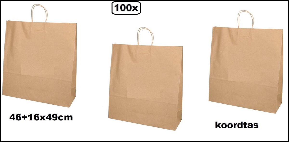 100x Tas, Kraftpapier, 46x16x49cm, papieren draagtas, bruin - tas koordtas koord festival kado thema feest
