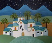 Schilderij - wit dorpje - kunst - handgeschilderd - wand decoratie - goudkleurige accenten - 60 x 73 cm