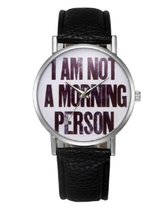 Hidzo Horloge I Am Not A Morning Person ø 37 mm - Zwart - Kunstleer