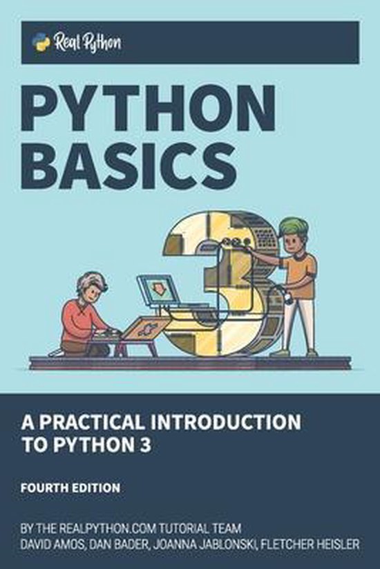 Boekomslag met 'Python Basics' en "A Practical Introduction to Python 3". Twee personen leren programmeren bij een grote '3'.