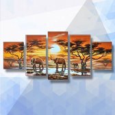 Diamond Painting Pakket Olifanten Bij Zonsondergang 5-luik - vierkante steentjes - 100 x 55 cm
