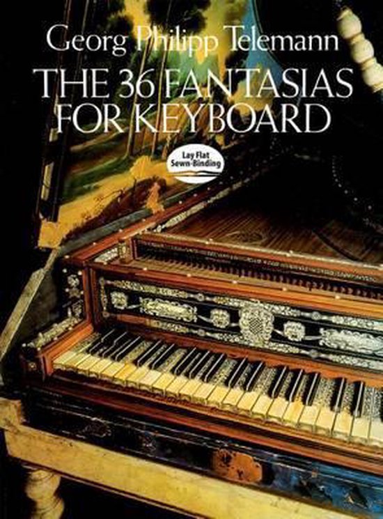 Livre de Georg Philipp Telemann : "The 36 Fantasias for Keyboard" sur un clavecin ancien.
