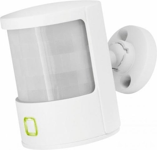 Witte bewegingsmelder met een transparant sensorvenster en een groen lampje.