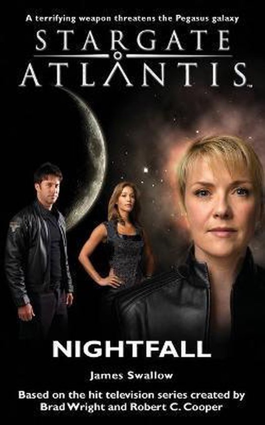 Stargate Atlantis: Nightfall boekcover met drie hoofdpersonen op een donkere achtergrond met een planeet.