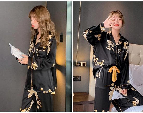 MKL - Dames zijde Pyjama Luxe set Stijl Zwart Gouden Bloem Print zijde  Nachtkleding -... | bol.com