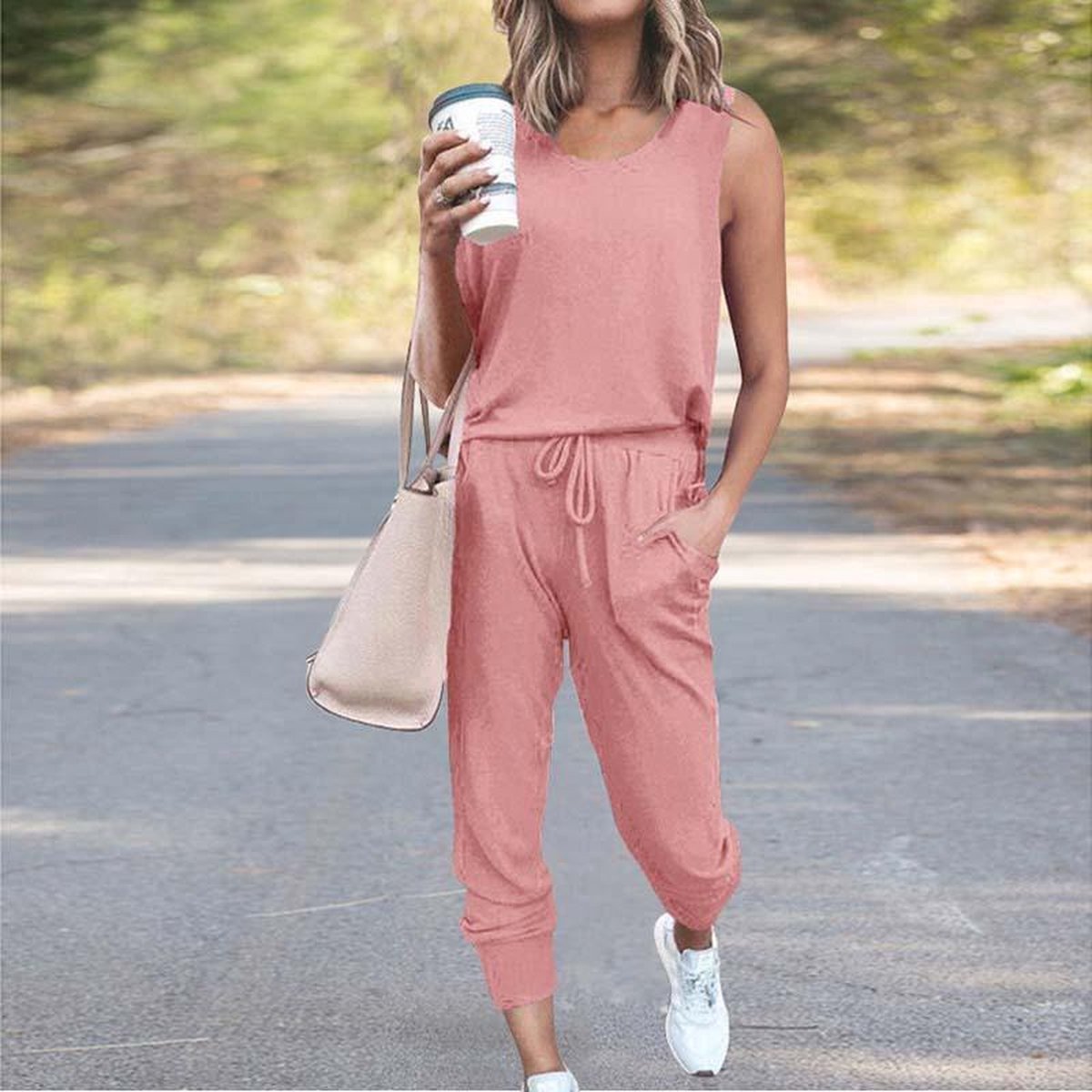 Joggingpak dames, huispak dames. Malibu. Maat L, kleur roze. Mouwloos