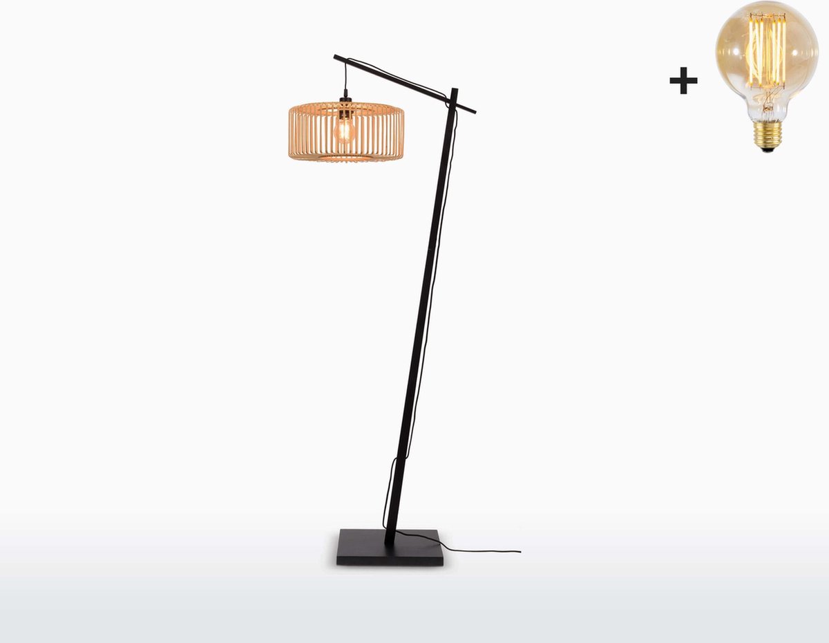 Vloerlamp - BROMO - Zwart Bamboe Voetstuk - Small Kap (40x18cm) - Met LED-lamp