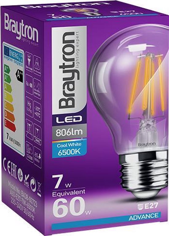 BRAYTRON-LED LAMP-COOL WHITE-ADVANCE-7W-E27-A60-CLR-6500K-ENERGY BESPAREND-ROND-GLAS