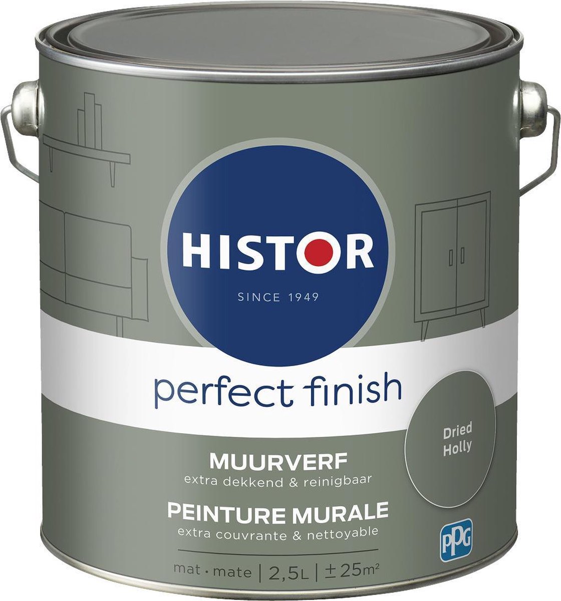 Histor Perfect Finish Muurverf Mat - Perfecte Dekking - Geurarm - 2.5L - Dried Holly - Groen – foto 2