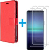 Sony Xperia 5 II hoesje book case rood met 2 stuks Glas Screen protector