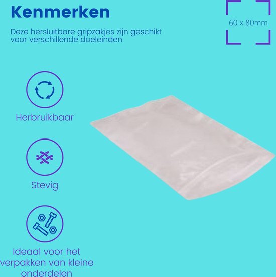 Gripzak 60x80mm, met iconen voor herbruikbaar, stevig, en ideaal voor kleine onderdelen.