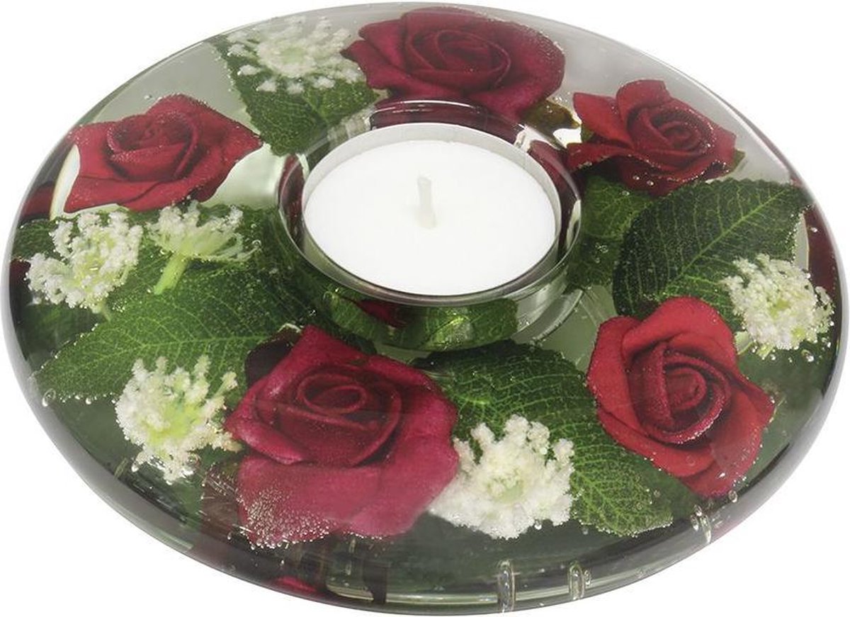waxinelichthouder met rode bloemen - 5x13 cm handgemaakte glazen waxinelicht houder - sfeervolle windlicht decoratie